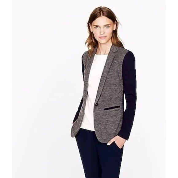 Wmn's J.CREW Contrasting Knit Wool/Cotton Blend Single Button Blazer Gray/Navy 6 - Picture 2 of 11